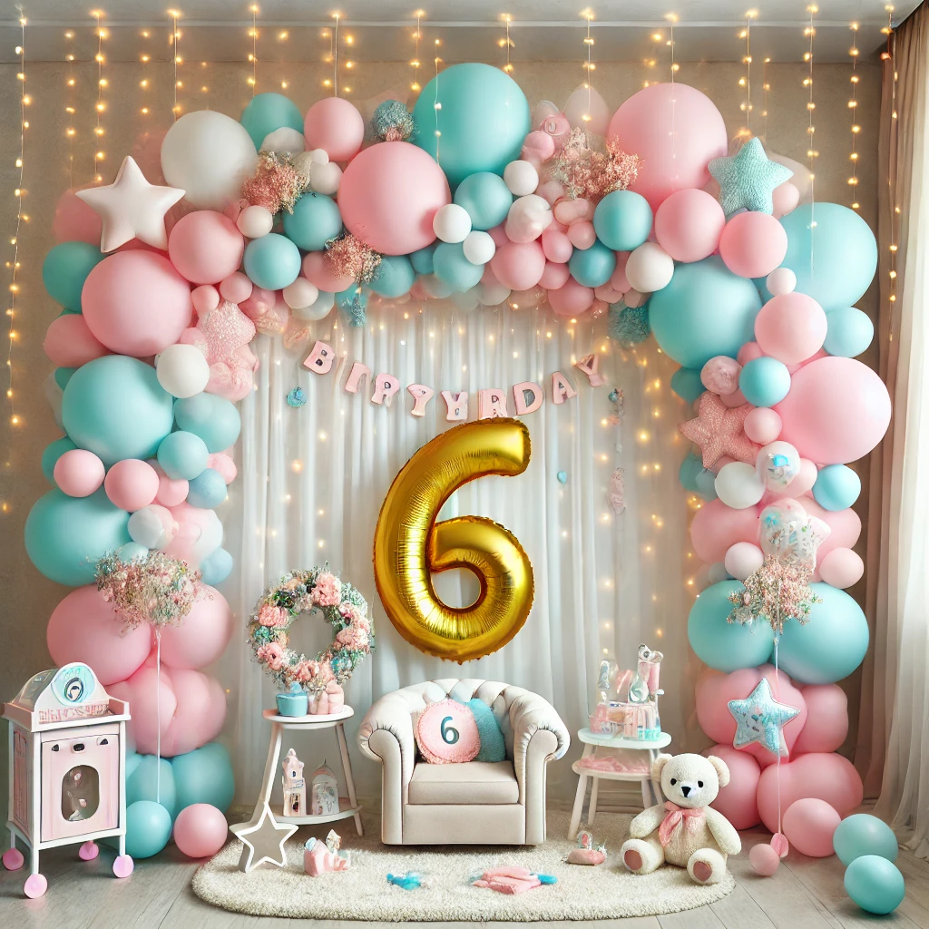 DALL·E 2024-09-30 12.39.50 - A vibrant birthday decoration setup for a 6-month-old baby. The decorations feature pastel-colored balloons in shades of pink, blue, and white, arrang
